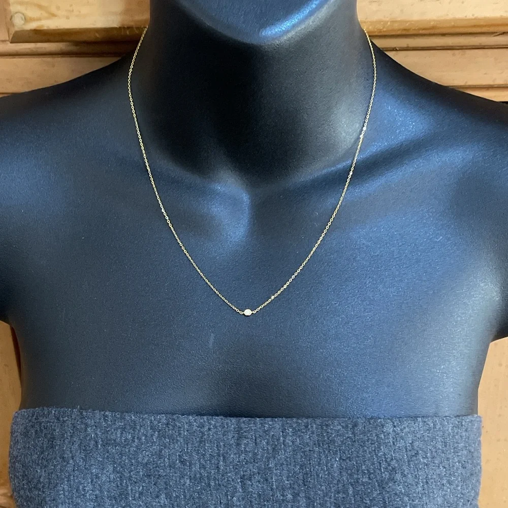 Solid 14K Yellow Gold Natural Diamond Solitaire XS Bezel Necklace Minimalist - Picture 10 of 13